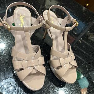 Yves Saint Laurent Beige Patent Leather T-Strap Heels